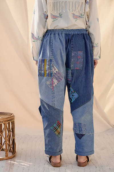 Meld studio Denim blue upcycled kantha applique trousers MELDAUG26D151875