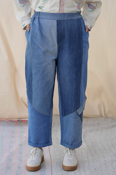 Meld studio Denim blue upcycled patchwork pants MELDAUG26D151874