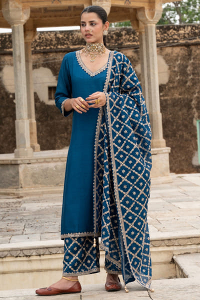 Indigo blue embroidered kurta set