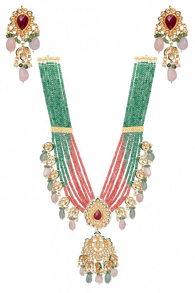 Green & pink layered necklace set