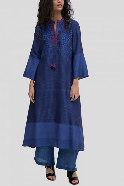 Navy Blue embroidered linen kurta