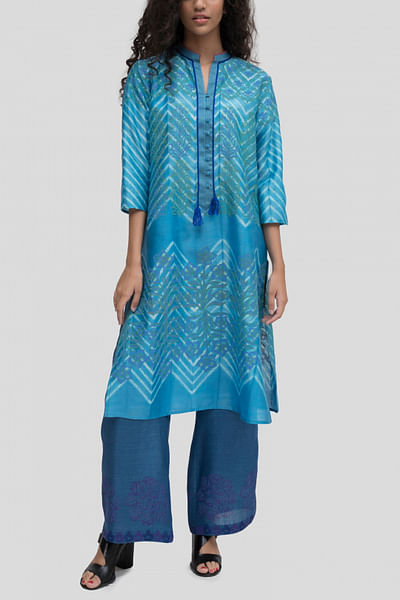 Blue block printed chanderi kurta.