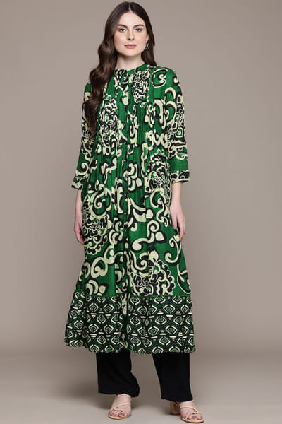 Ritu Kumar Green printed pintucked kurta RITUMAY26D245546
