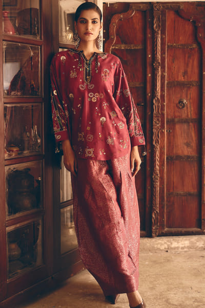 Kajal's Couture Wine zari embellished co-ord set KAJAJUL26D150855