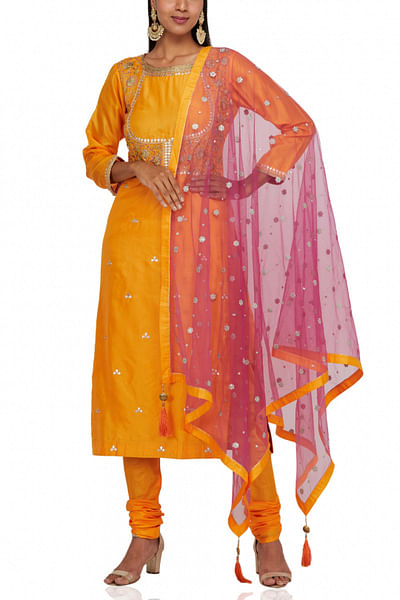 Yellow embroidered kurta churidar set
