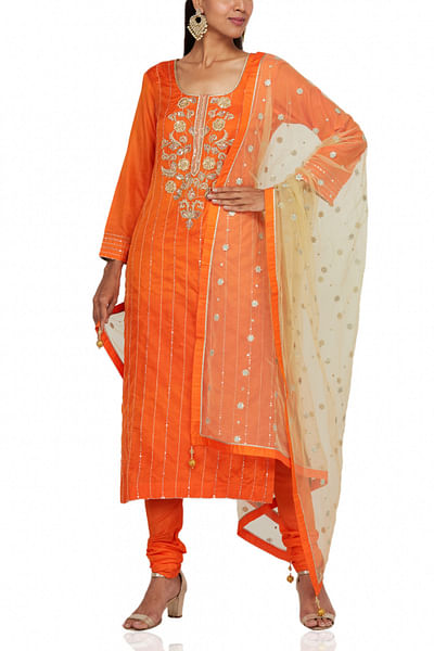Orange embroidered kurta churidar set
