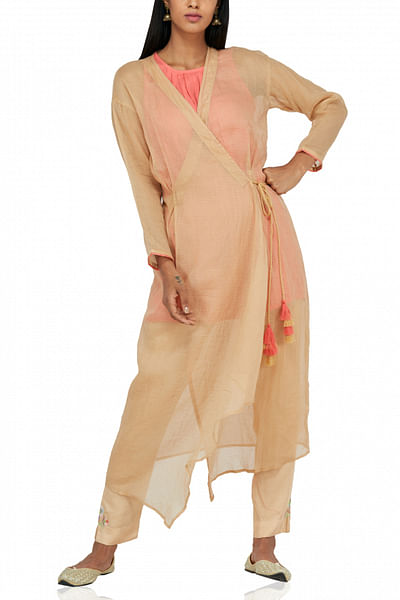 Beige embroidered tunic and pants set