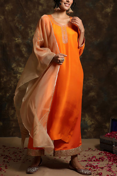 Saffron summer silk kurta set