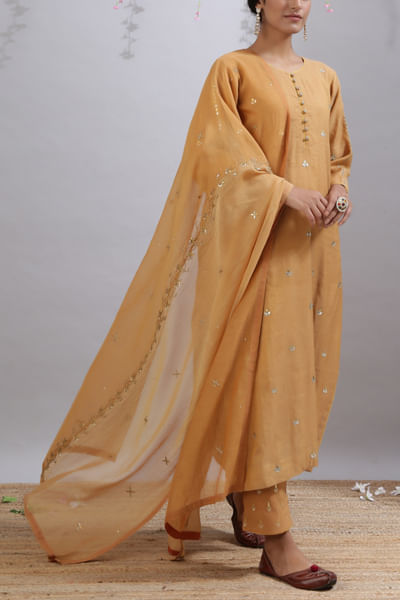 Yellow embroidered chanderi kurta set