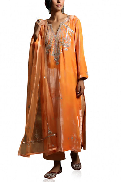 Orange velvet embroidered kurta set