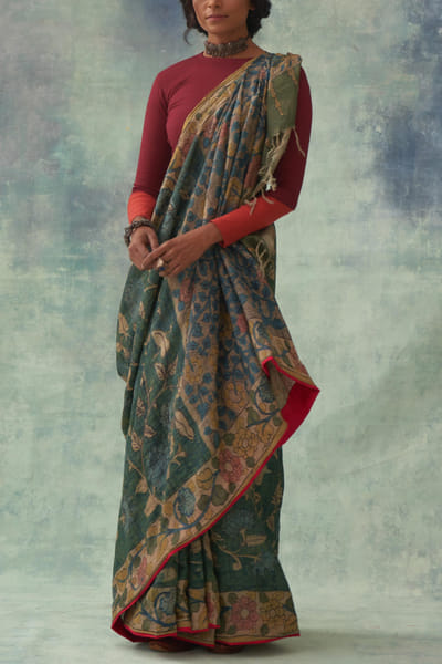 Kasturi Kundal Green kalamkari tussar silk sari KSKAUG2209