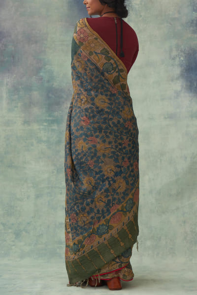 Kasturi Kundal Green kalamkari tussar silk sari KSKAUG2209