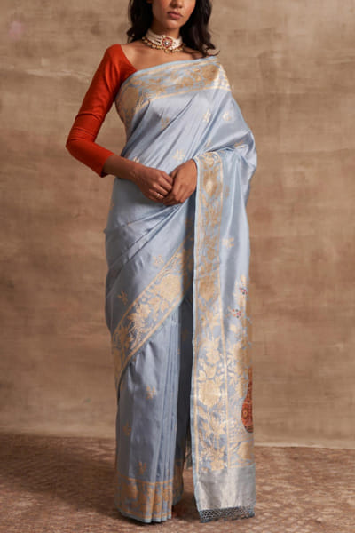 Kasturi Kundal Powder blue benarasi sari KSKBSTB18