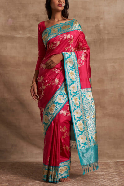 Fuchsia pink handwoven benarasi silk sari
