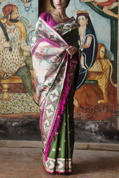 Kasturi Kundal Purple and olive benarasi silk sari KSKBSTG6