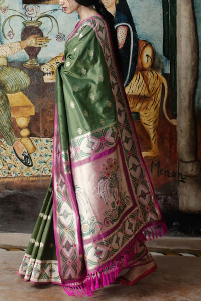 Kasturi Kundal Purple and olive benarasi silk sari KSKBSTG6
