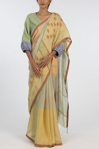 Yellow jamdani linen sari