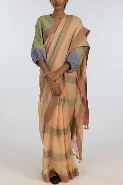 Green and orange linen handloom sari