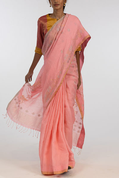 Pink jamdani linen sari