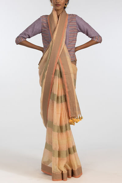 Green and orange linen sari