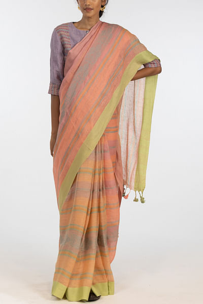 Multicolour linen handloom sari