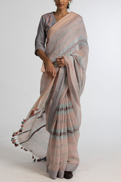 Pink and blue linen sari