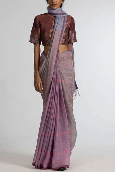 Pink and blue jamdani linen sari