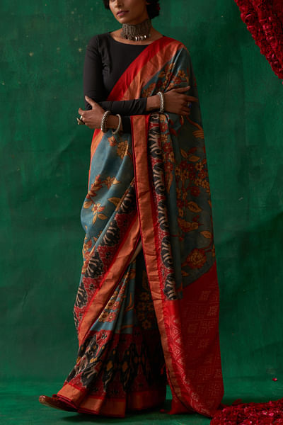 Indigo pochampally kalamkari sari
