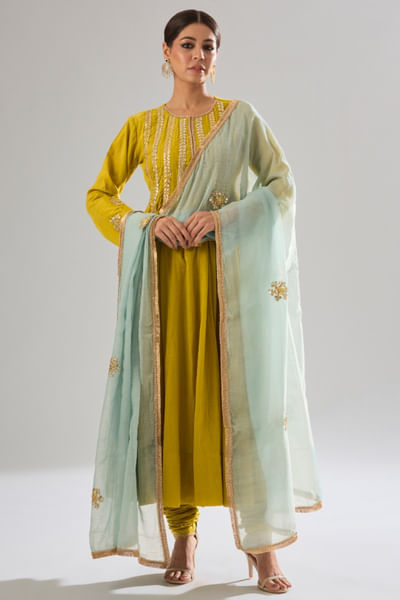 Mustard yellow embroidered kalidar kurta set