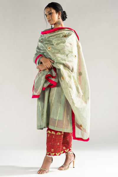 Mint green and red embroidered kurta set