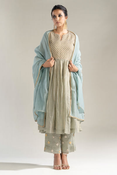 Powder blue hand embroidered kurta set