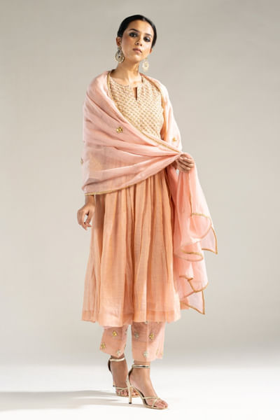 Powder pink hand embroidered kurta set
