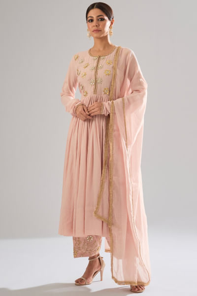 Pale pink hand embroidered gathered kurta set