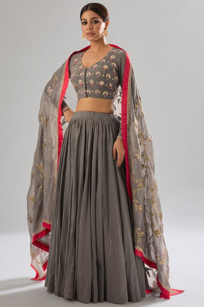 Grey and red gota embroidered lehenga set