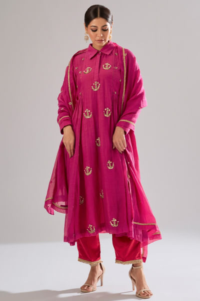 Fuchsia hand embroidered shirt kurta set