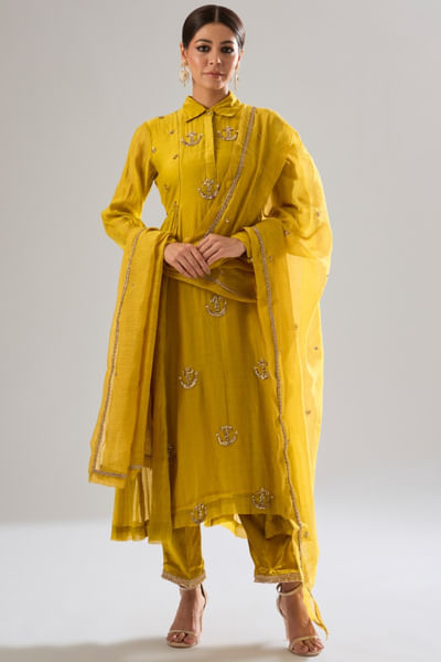 Mustard yellow hand embroidery shirt kurta set
