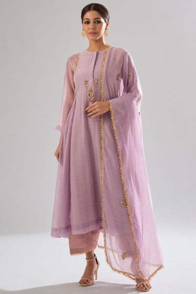 Mauve hand embroidered gathered kurta set