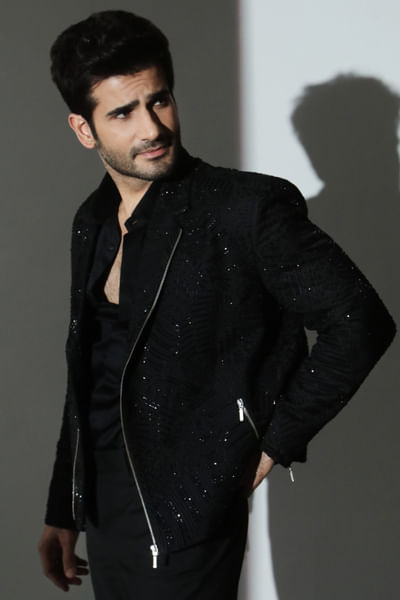 Black embroidered biker jacket