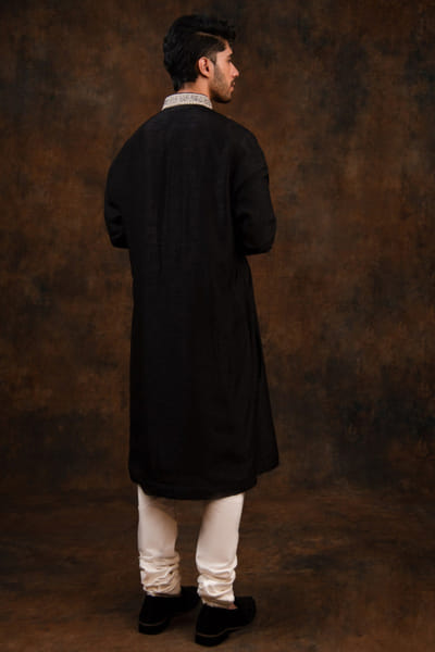 Char Chaand Black thread embroidered silk kurta CHAMAR25D120554