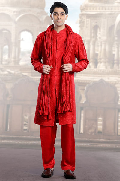 Red thread and sequin embroidered kurta set