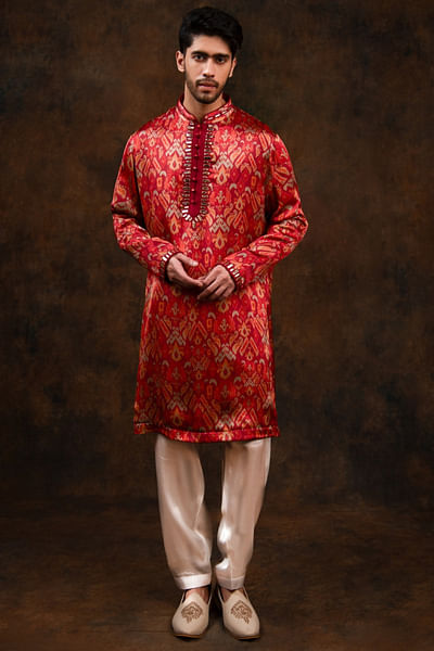 Red ikat print satin silk kurta