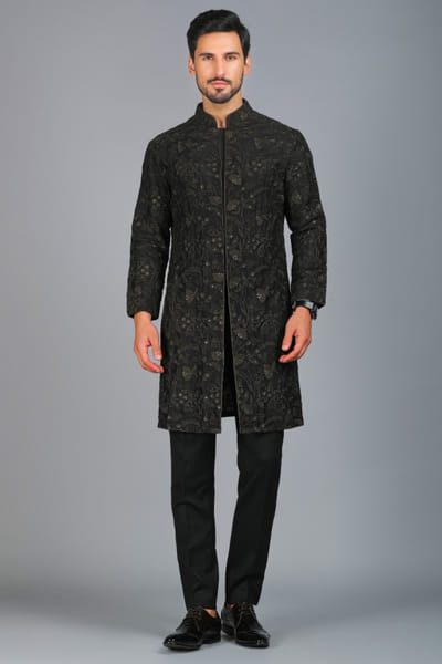 Char Chaand Black floral foliage thread embroidered kurta CHAMAR25D120558