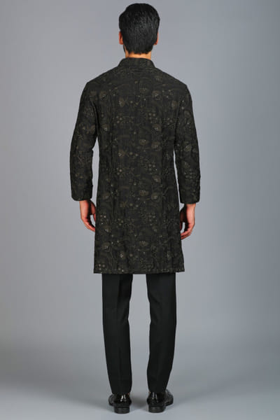 Char Chaand Black floral foliage thread embroidered kurta CHAMAR25D120558