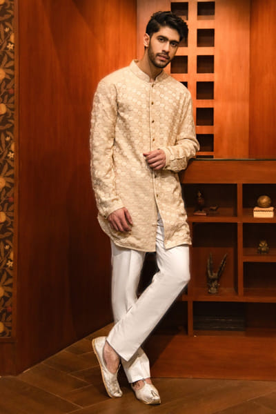 Char Chaand Peach chikankari embroidered silk kurta CHAMAR25D120559