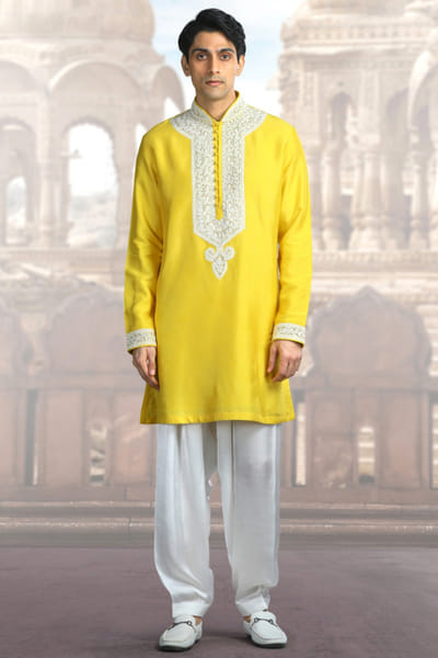 Char Chaand Yellow kiran dori and sequin embroidered kurta CHAMAR25D120567