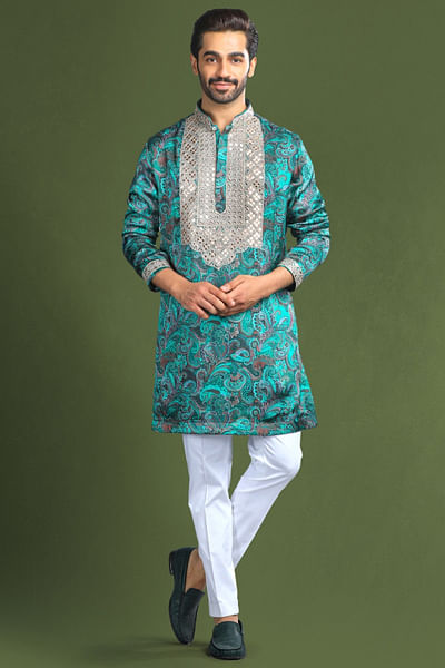 Sea green paisley print and embroidered kurta