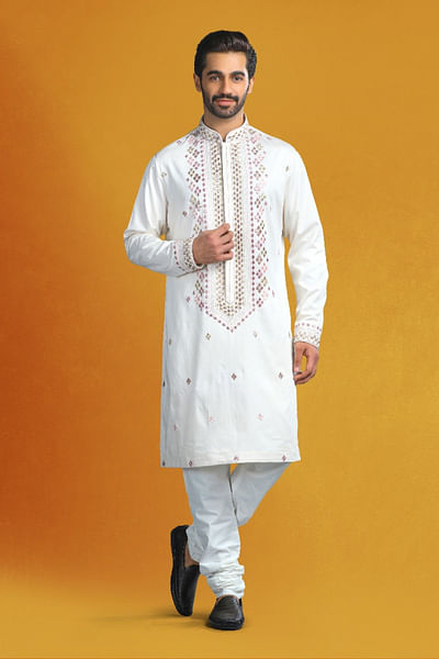Cream mirror embroidered kurta