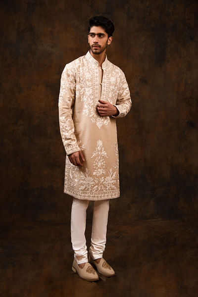 Beige floral Kashmiri embroidered kurta