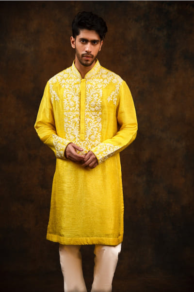 Char Chaand Yellow floral kiran dori embroidered kurta CHAMAR25D220882