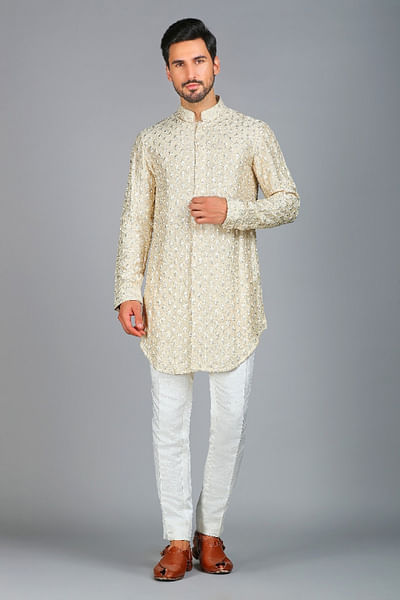 Beige motif thread embroidered kurta